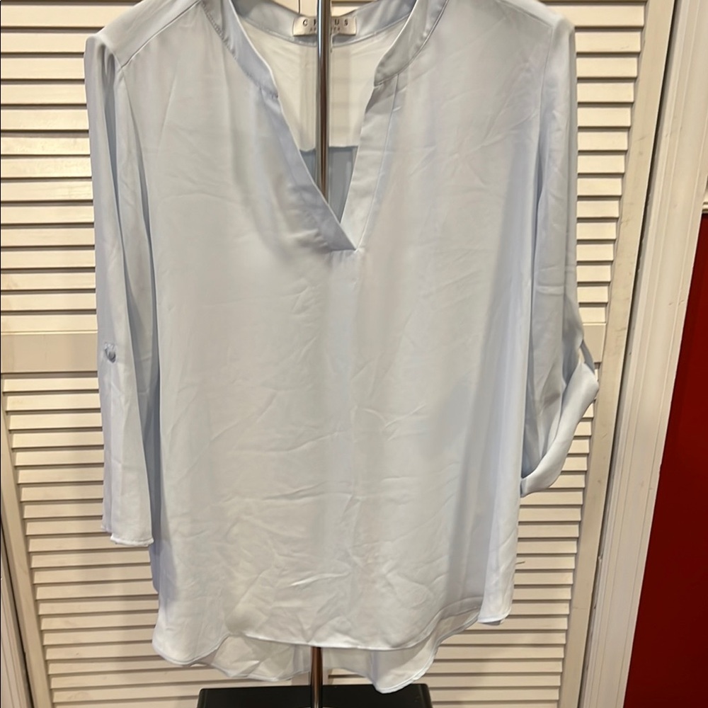 Chaus Blue Mandarin Collar 3/4 Sleeve Blouse